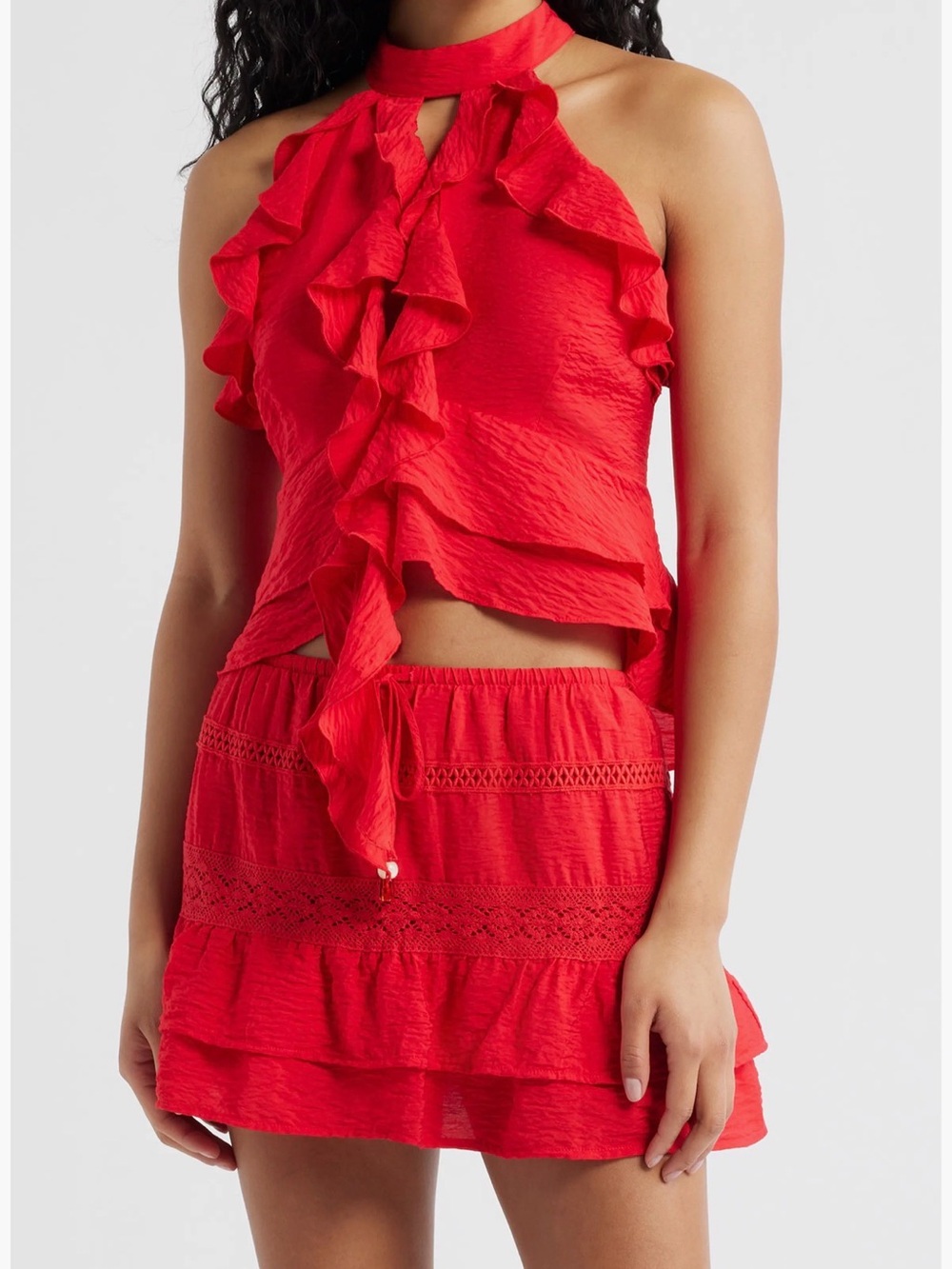 Kittenish Ruffled Halter Crop Top &Skirt SET 2 PC